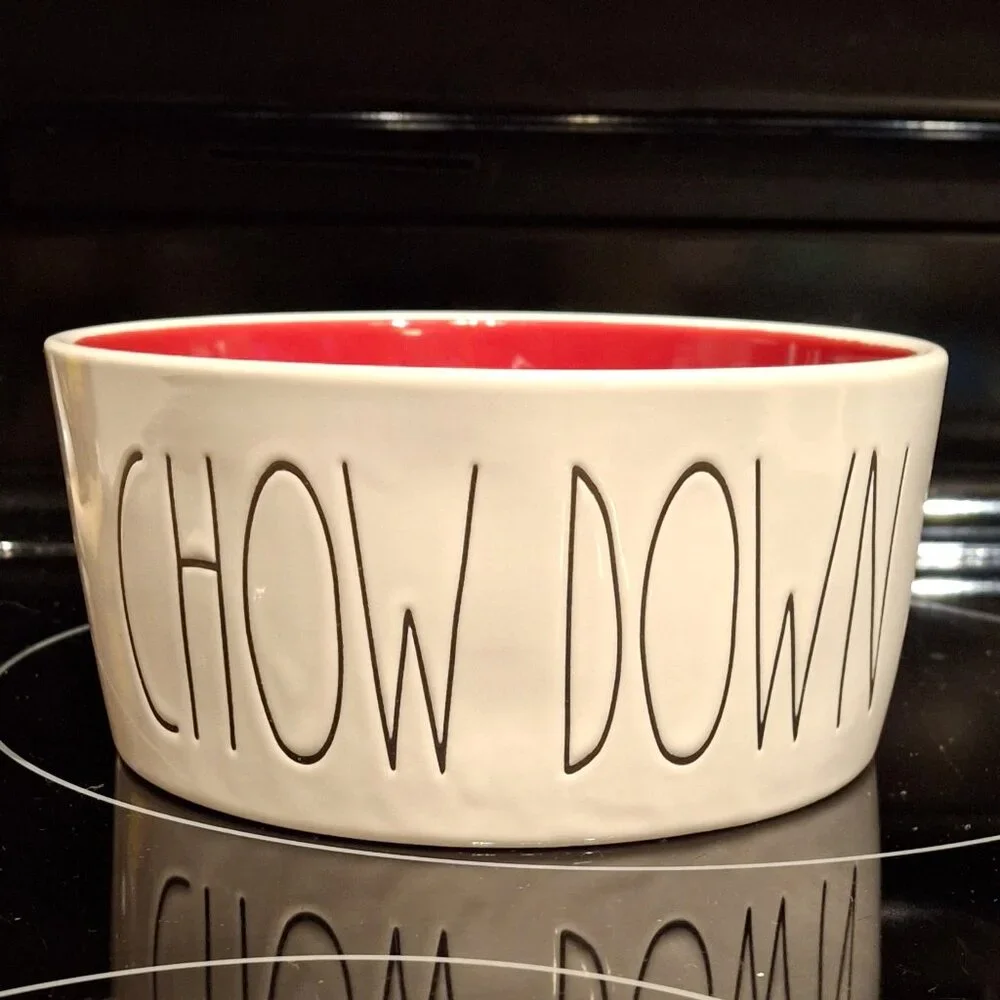 Rae Dunn “CHOW DOWN” Pet Bowl – White w/ Red Interior 🐾
